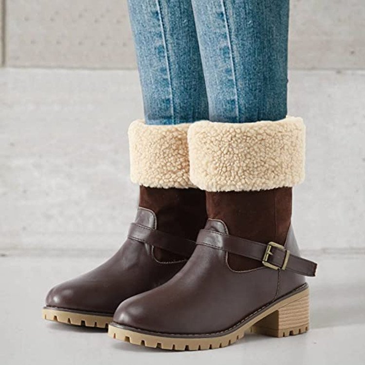 Women's Fashion Boots With Buckle - Chunky Heel Warm Winter Round Toe Shoes