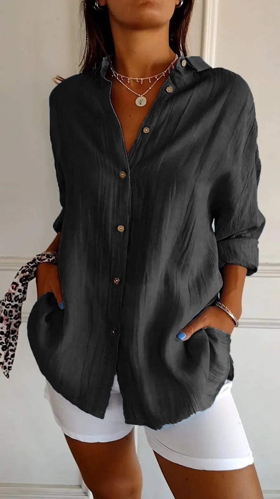 Women's Lapel Long-Sleeve Single-Breasted And Pleated Shirt