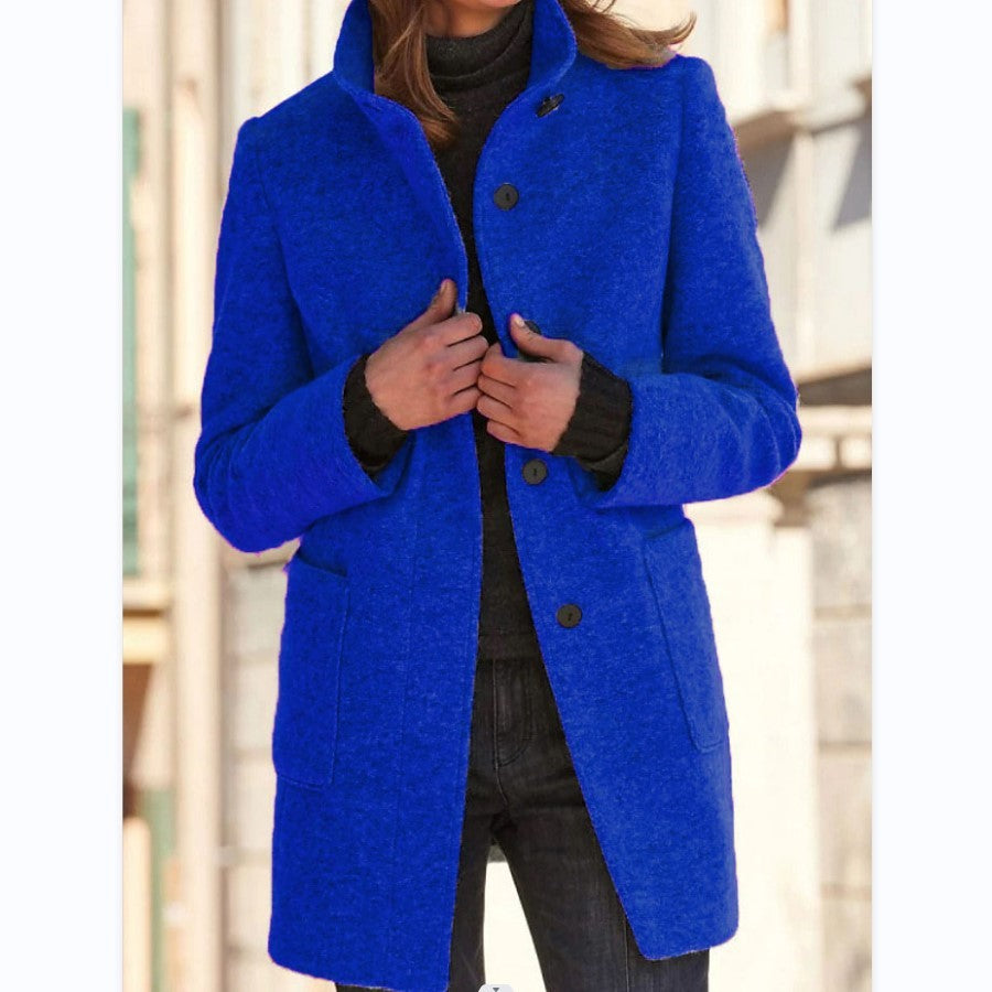 Women's Stand Collar Woollen Coat With Pockets and Suitable For Autumn & Winter - Ladies' Casual Button Outwear