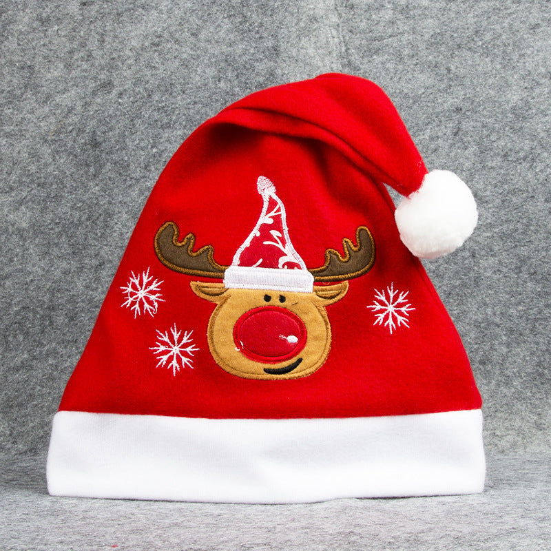 Cartoon Christmas Hat With Elk Santa Claus Embroidery Design - Holiday Party Decoration Fuzzy Hat