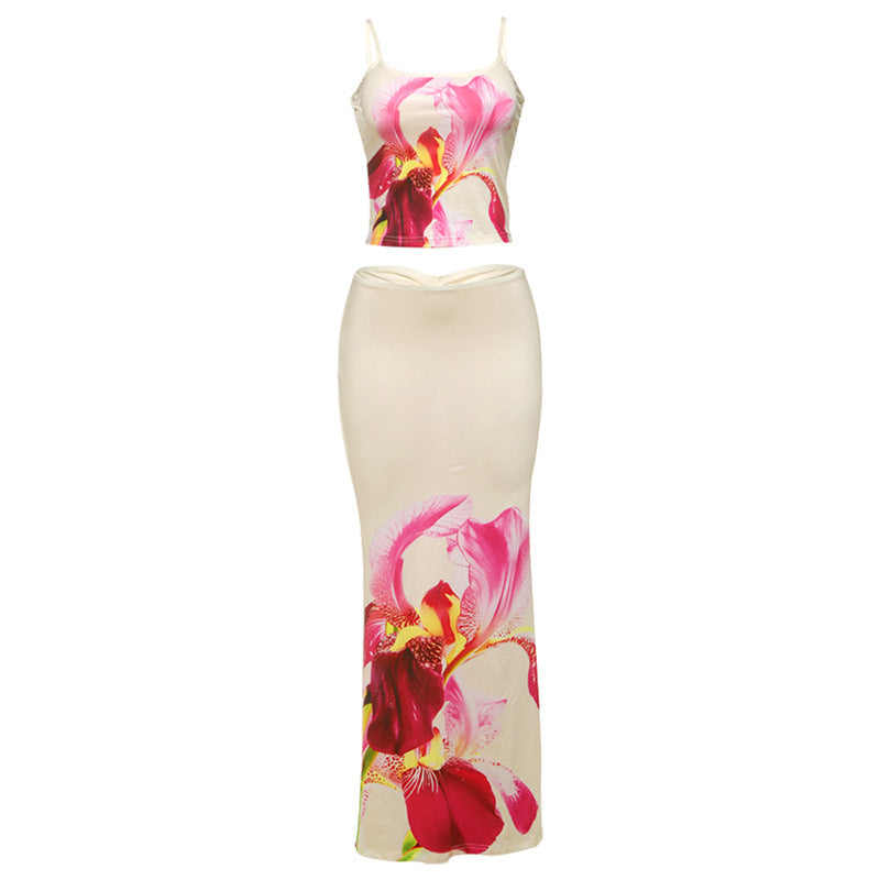 Women's Fashion Personality Street Leisure Vacation Chest Slimming Sleeveless Slip Dress Set