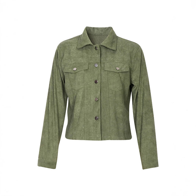 Women's Corduroy Long-Sleeve Jacket - Casual Button-Up Coat With Flap Pockets