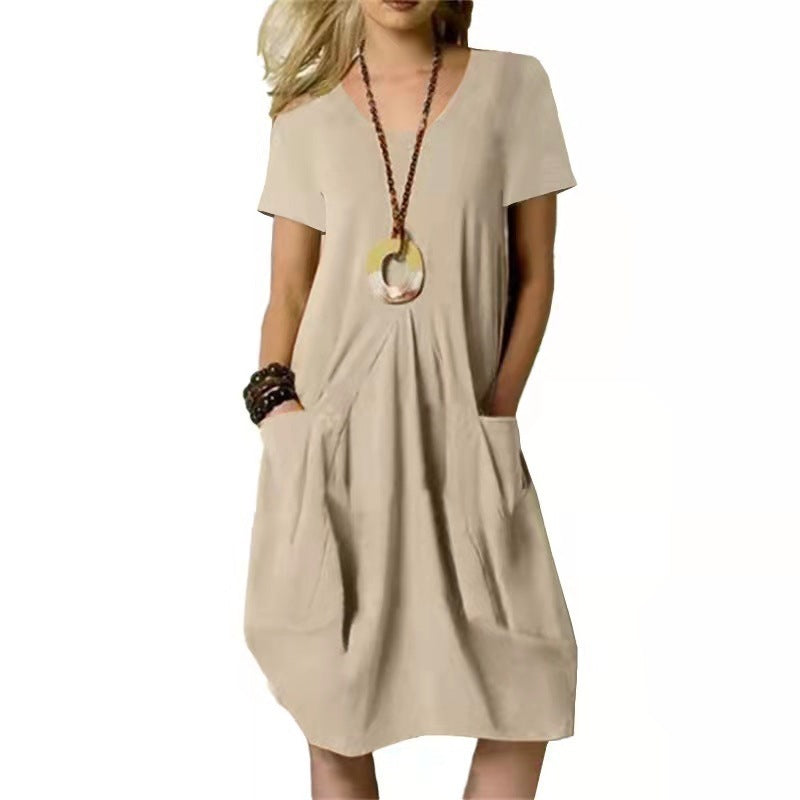 Women's Cotton And Linen Solid Colour Loose Round Neck Short Sleeve Dress