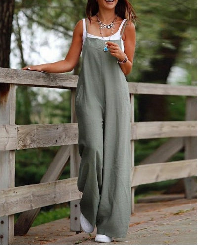 Women's Sleeveless Jumpsuit With Pockets And Adjustable Shoulder Strap - Wide Leg Straight Overalls Summer Beach Trousers