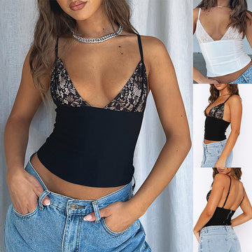 Women's V-Neck Camisole Lace Vest With Back Zipper Design - Summer Slim Sleeveless Tops