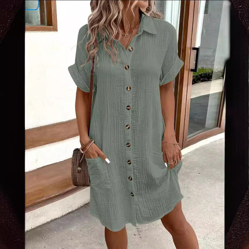 Summer Short Sleeve Shirt Dress Fashion - Solid Colour Single-Breasted Mid-Length Loose Dress