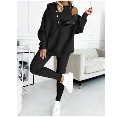 Women's Solid Colour Vest Hoodie And Pants Set