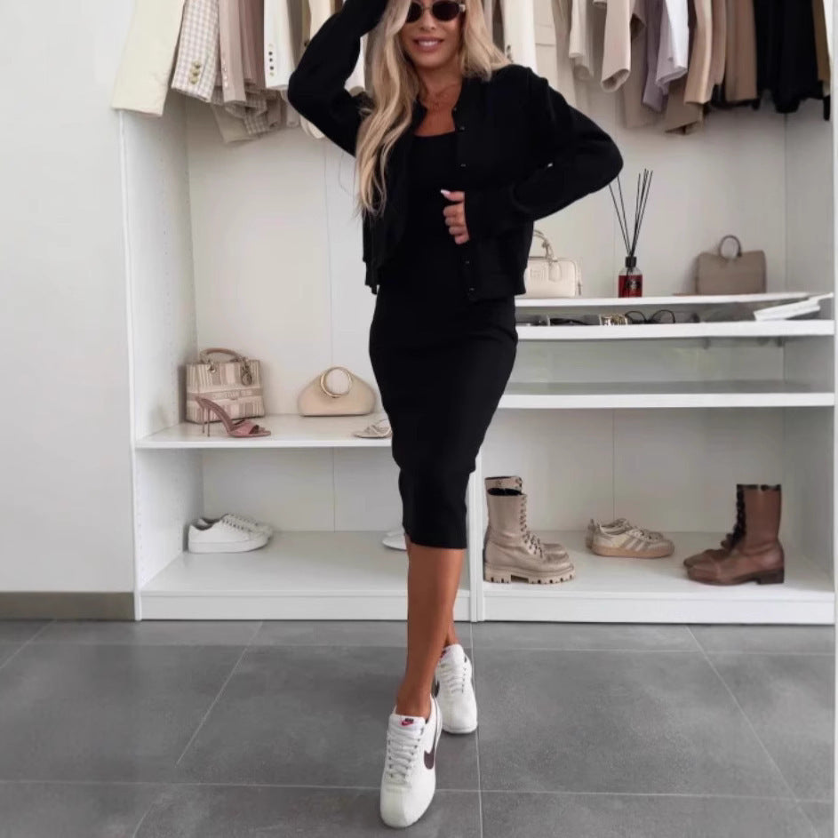 Women's Two-Piece Set Solid Colour Sling Dress - Cardigan Outerwear Top With Long Dress