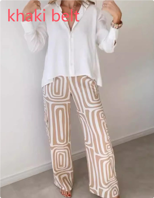 Women's Casual Long-Sleeved Lapel Shirt Printed Wide-Leg Pants Suit