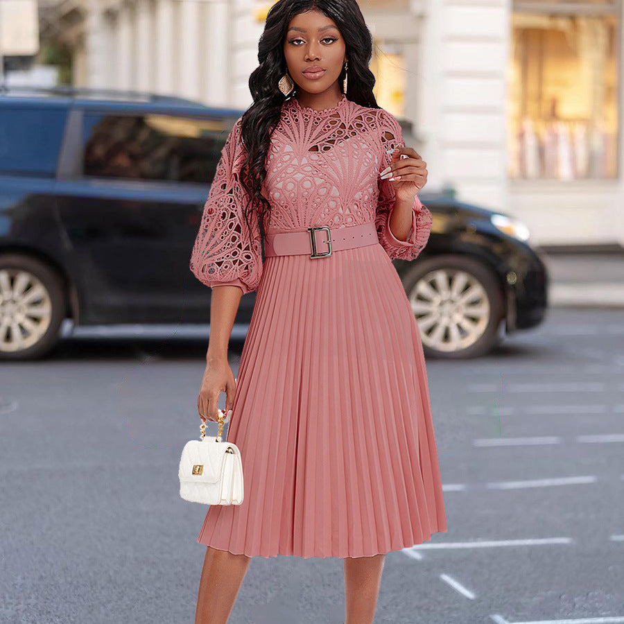 Lace Stitching Pleated Hollow-out Plus Size African Dress For Women