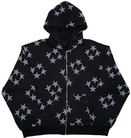 Unisex Stars Printed Zipper Hooded Cardigan, Hoodies Sweatshirt Street - Couple Fashion Outerwear