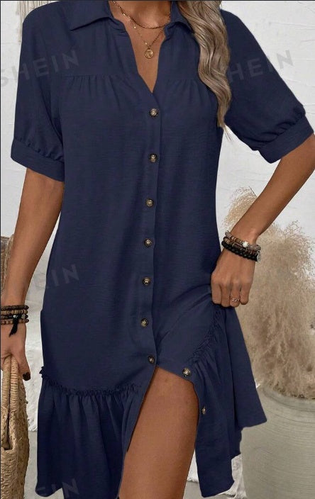 Women's Solid Colour Turn-Down Collar Button-Up Dress With Ruffle Hem For Ladies