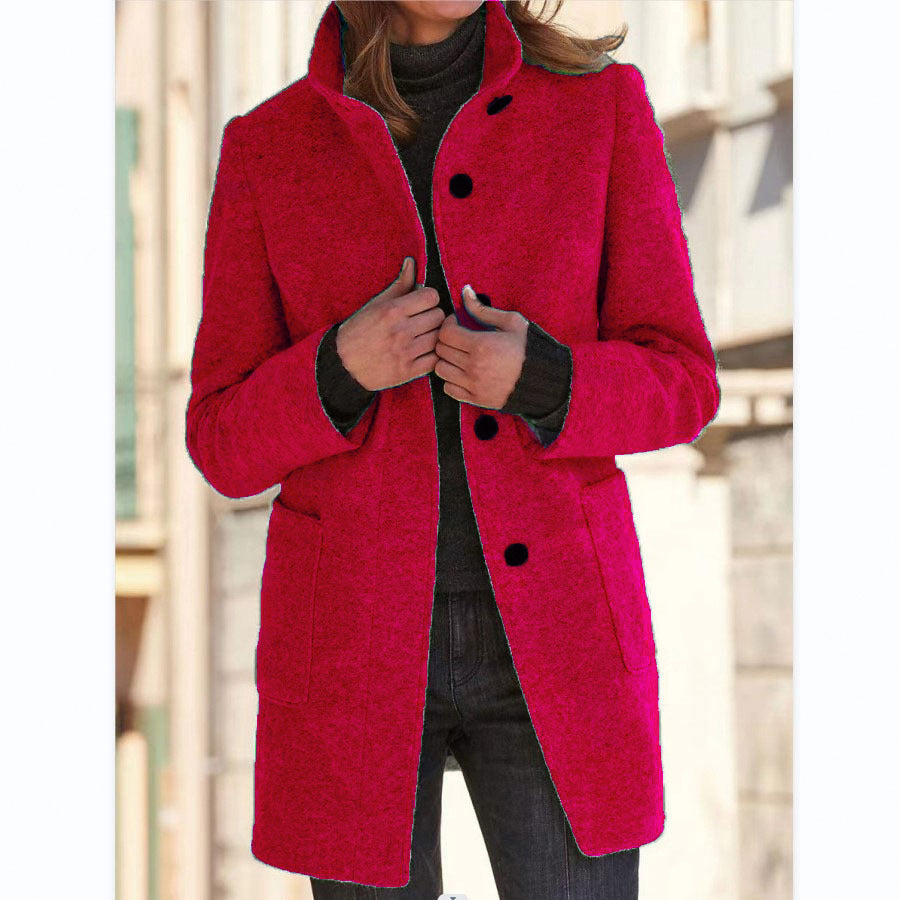 Women's Stand Collar Woollen Coat With Pockets and Suitable For Autumn & Winter - Ladies' Casual Button Outwear