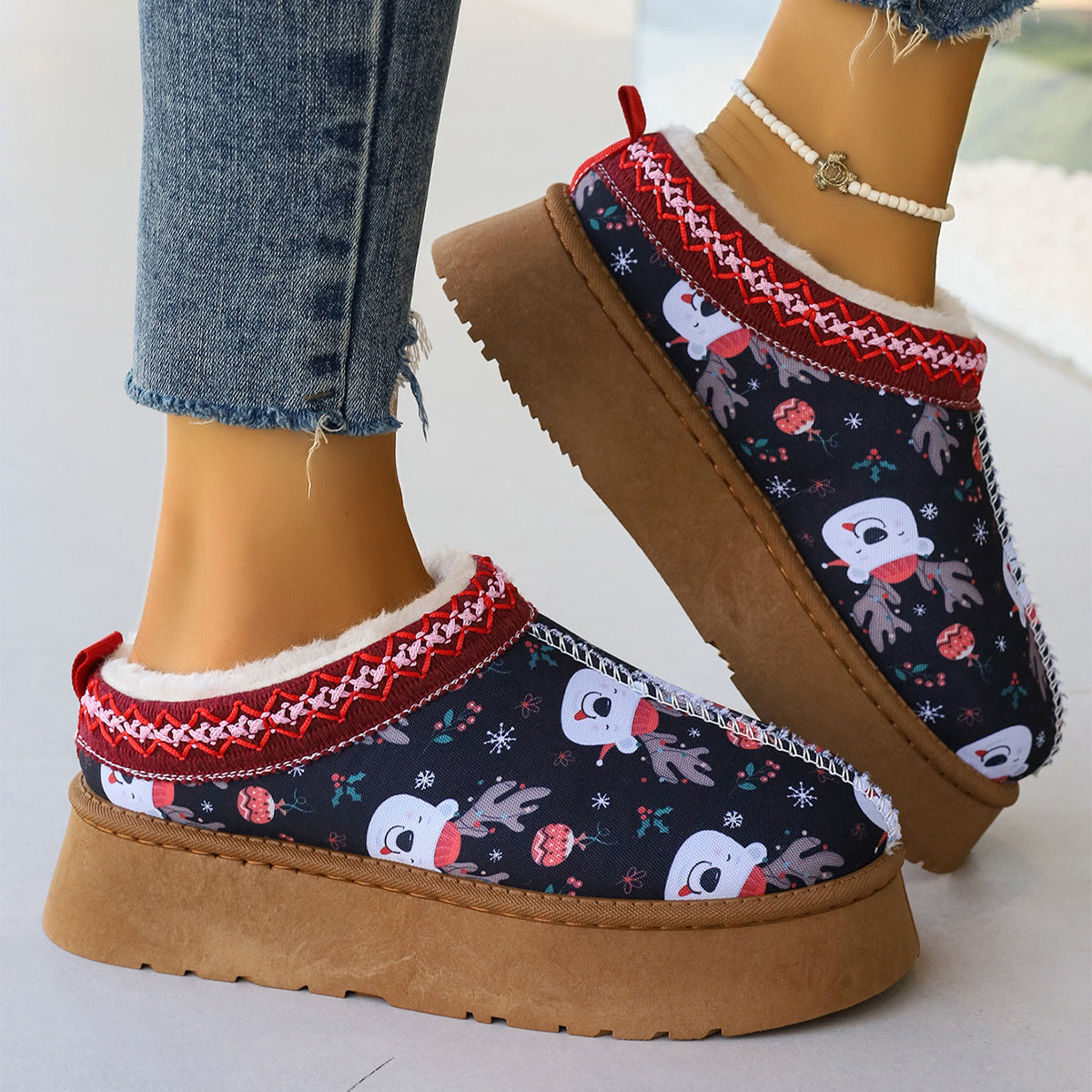 Women's Winter Cartoon Christmas Print Ankle Boots - Casual Slip On Plush Lined Comfortable Home Shoes