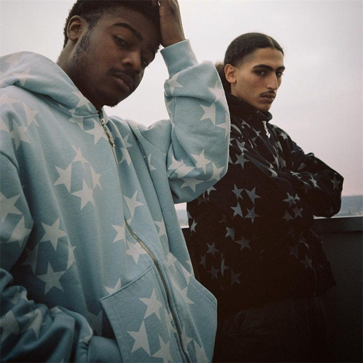 Unisex Stars Printed Zipper Hooded Cardigan, Hoodies Sweatshirt Street - Couple Fashion Outerwear