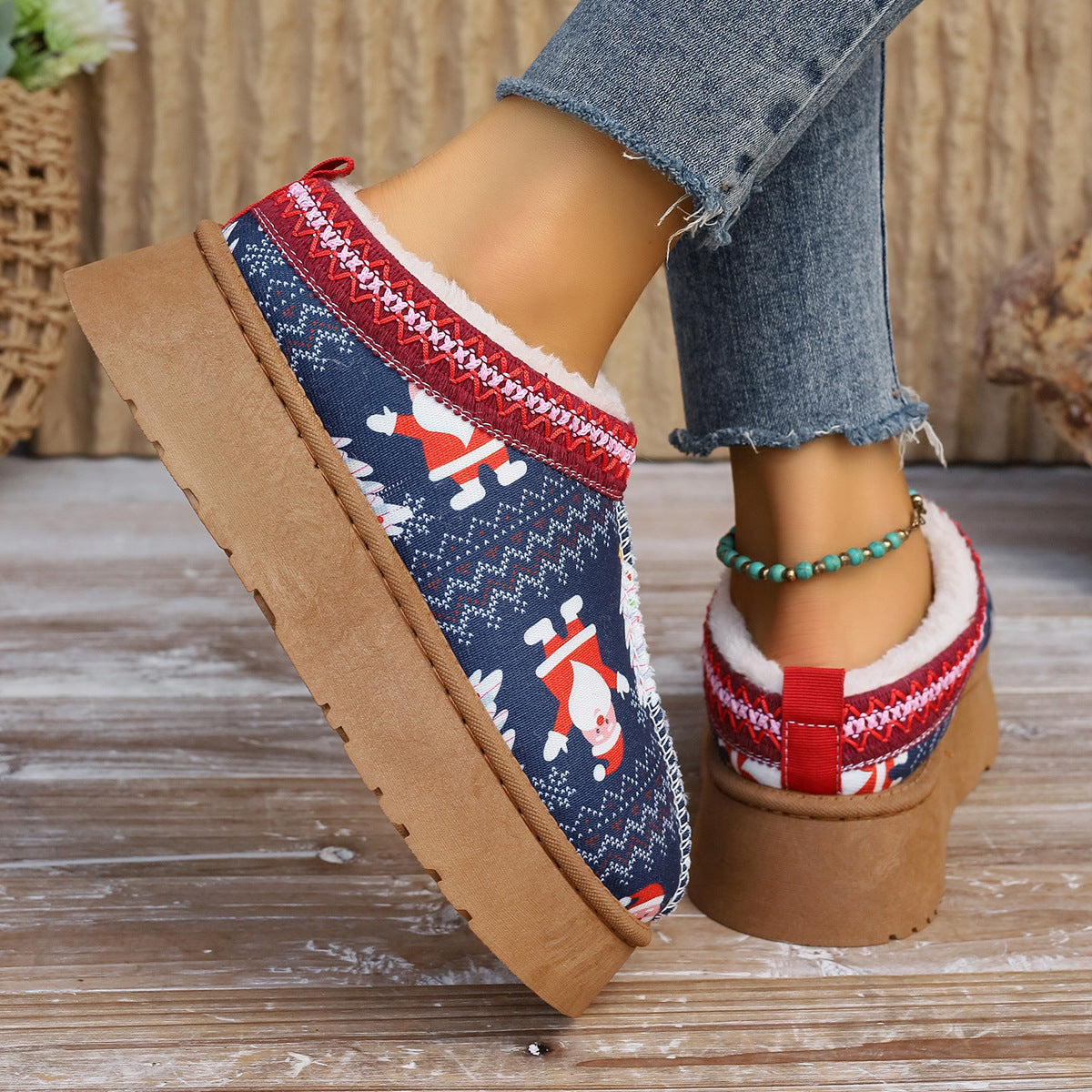 Women's Winter Cartoon Christmas Print Ankle Boots - Casual Slip On Plush Lined Comfortable Home Shoes