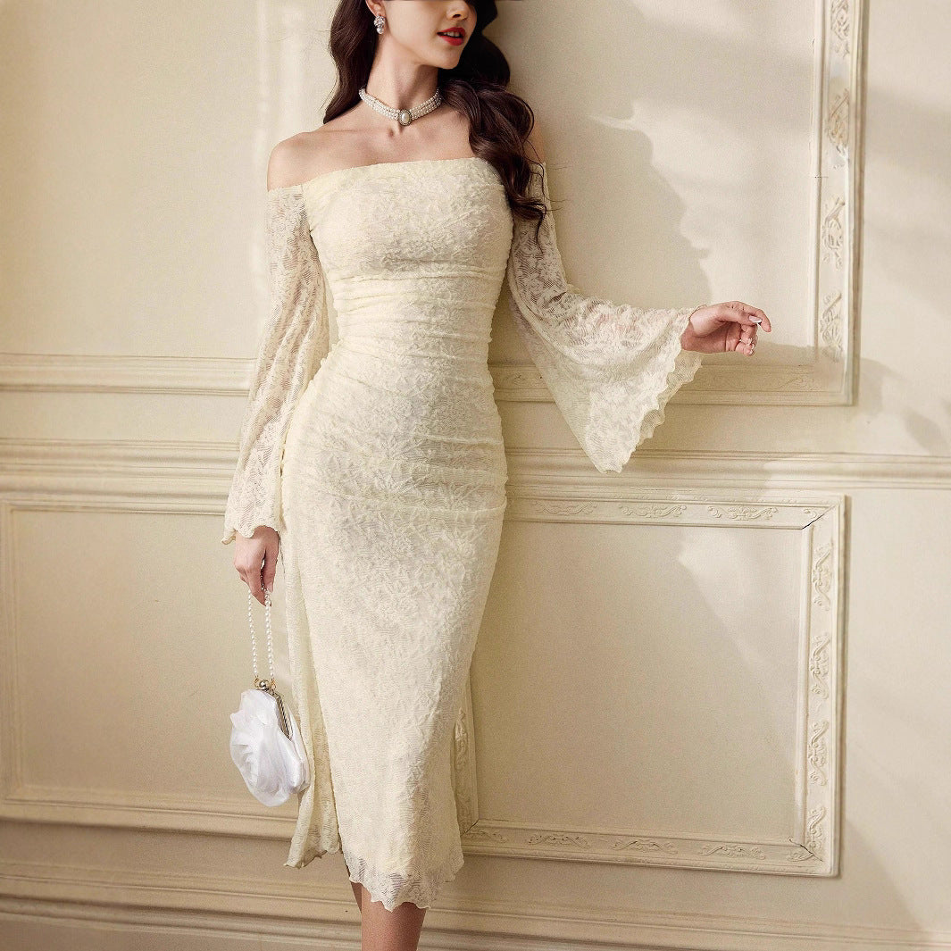 European And American-Style Off-Neck Lace - Bell Sleeve Wooden Ear Slim-Fit Long Dress