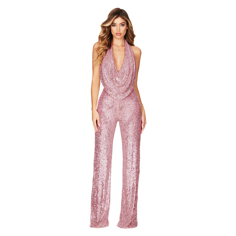 Women's Summer Sleeveless Halter Sequined Jumpsuit