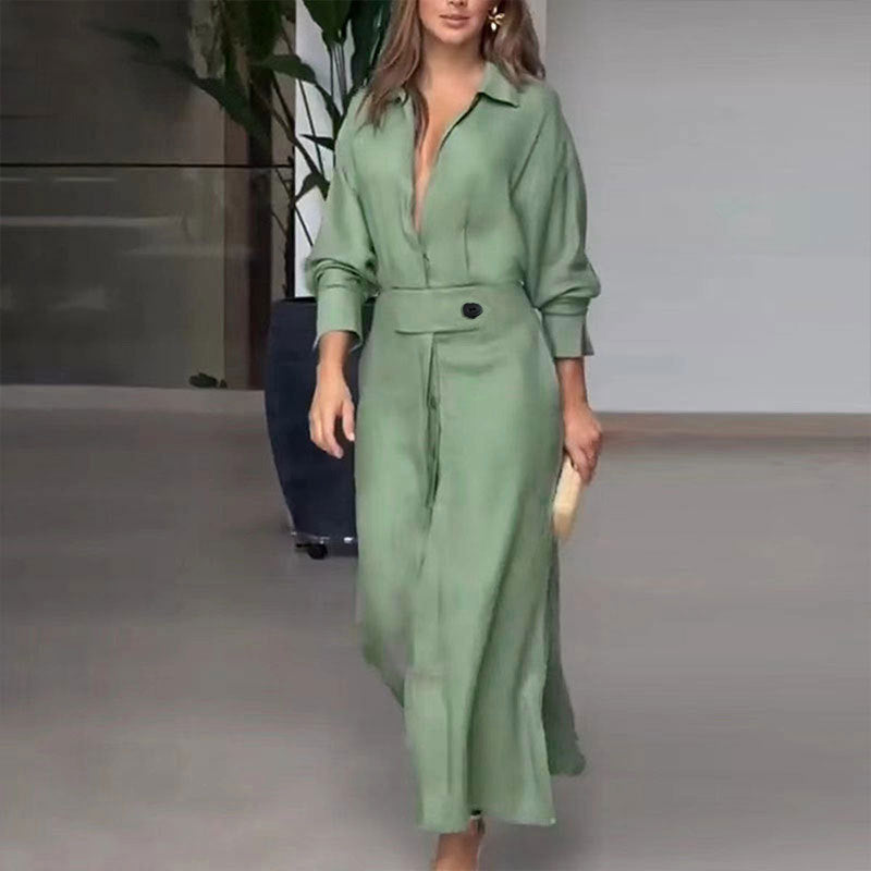 Women's Elegant Tied Solid Colour Waisted Long-Sleeved Shirt Dress