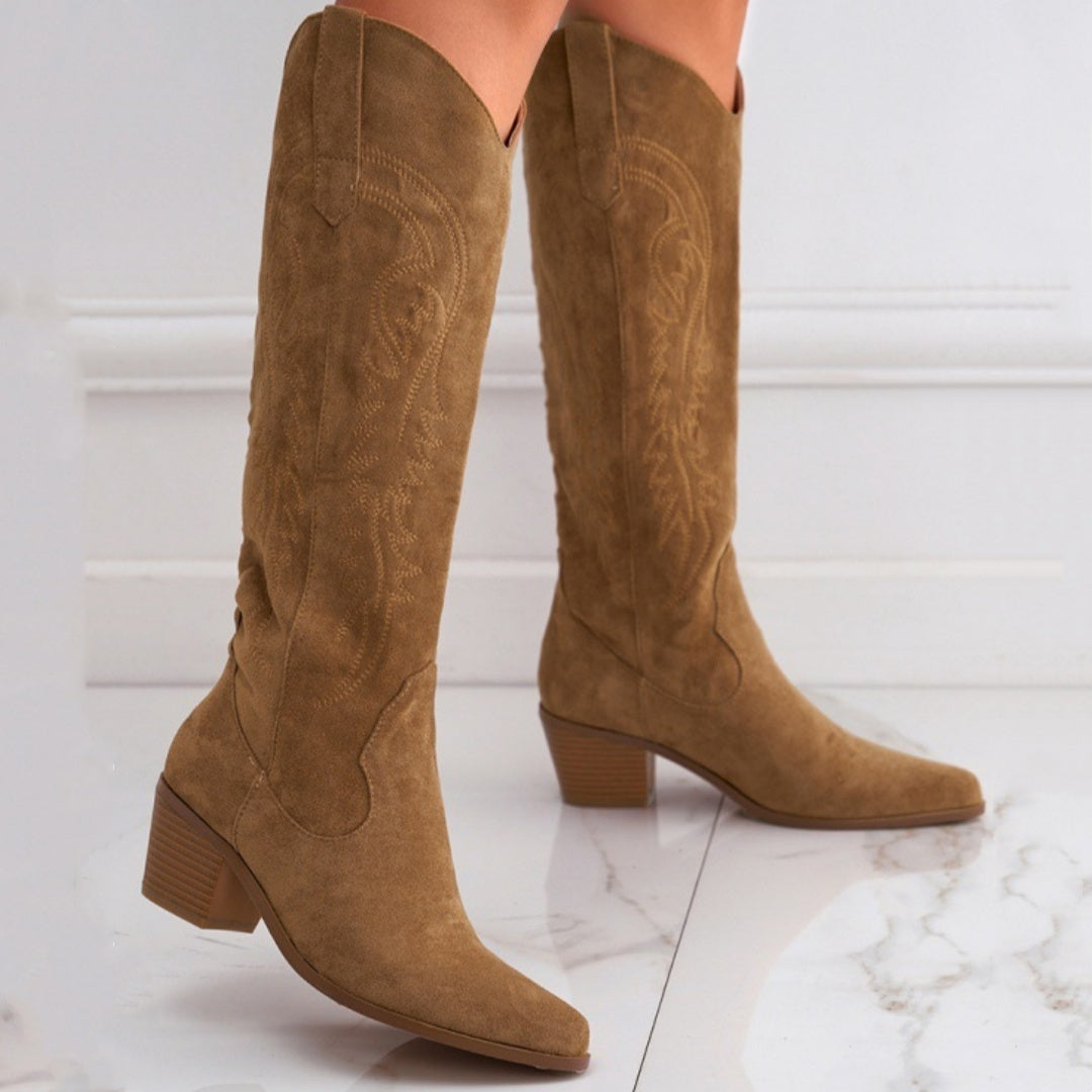Women's Chunky Heel Knee-High Embroidery Slip-On Middle Boots