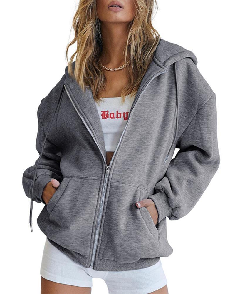 Women's Fashion Casual Solid Colour Drawstring Zipper Hooded Sweatshirt