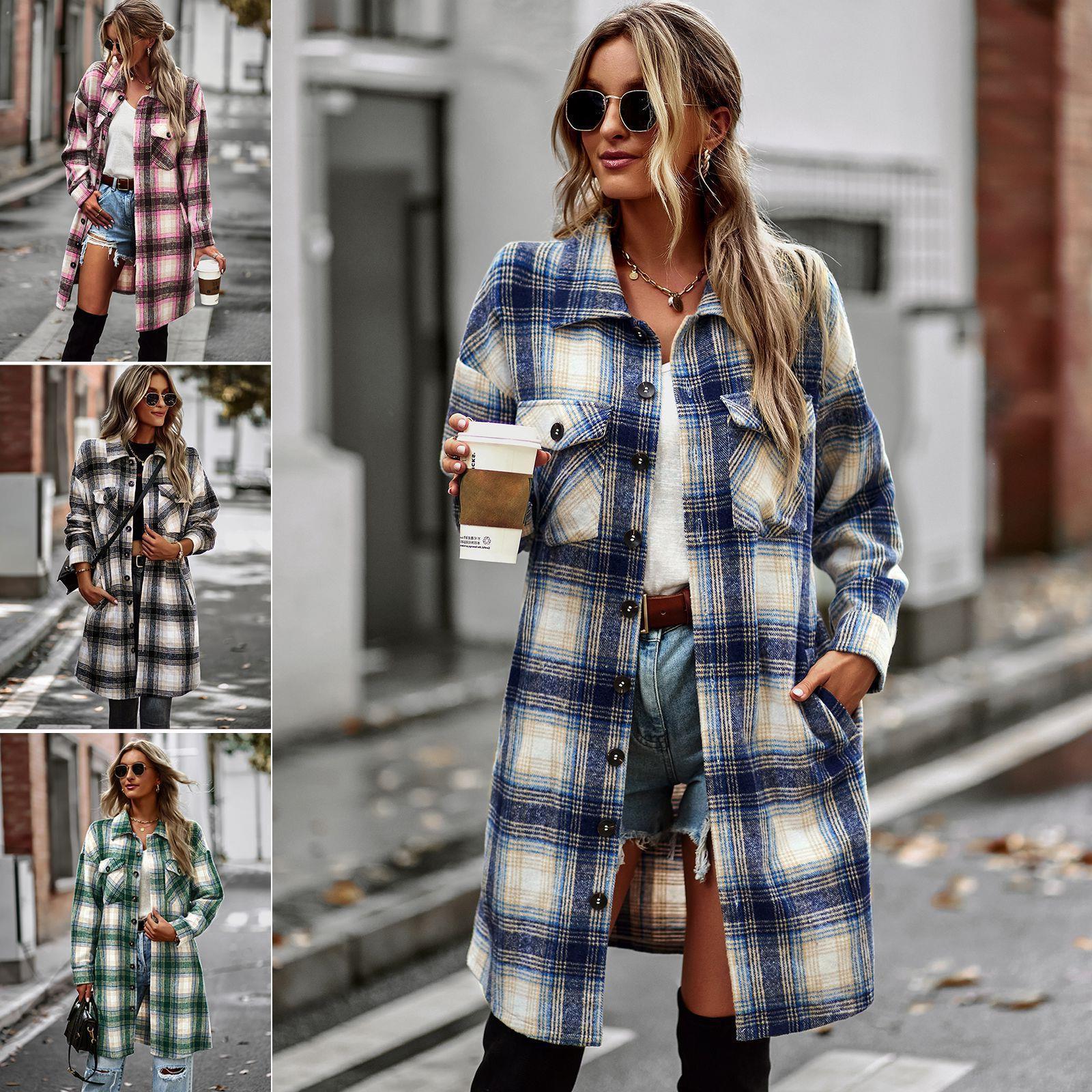 Women's Temperament Leisure Long Plaid Tup Cardigan Coat