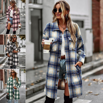Women's Temperament Leisure Long Plaid Tup Cardigan Coat