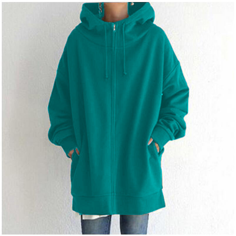 Women's Oversized Loose Hooded Coats, Autumn Tie Collar Long Sleeve Zipper Up And Velvet Long Sweatshirt Sizes S-5XL