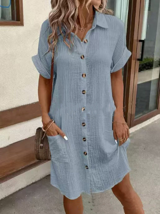 Summer Short Sleeve Shirt Dress Fashion - Solid Colour Single-Breasted Mid-Length Loose Dress