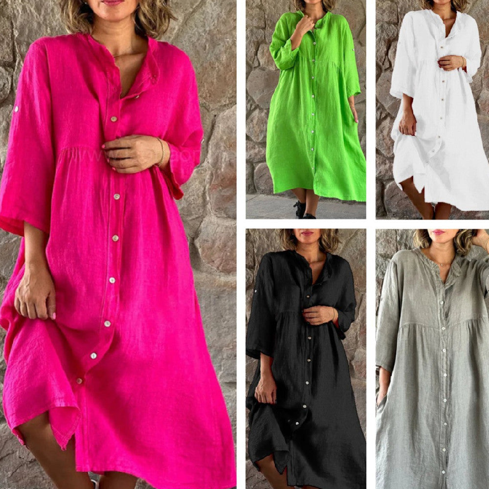Women's Casual Standing Collar Button Long Dress