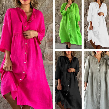 Women's Casual Standing Collar Button Long Dress