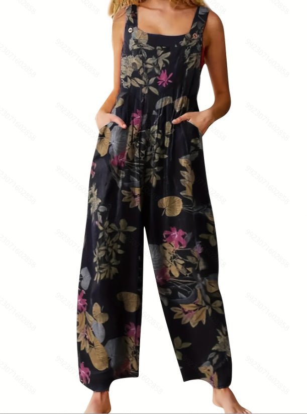 Women's Ethnic Style Suspender Button Printing Jumpsuit