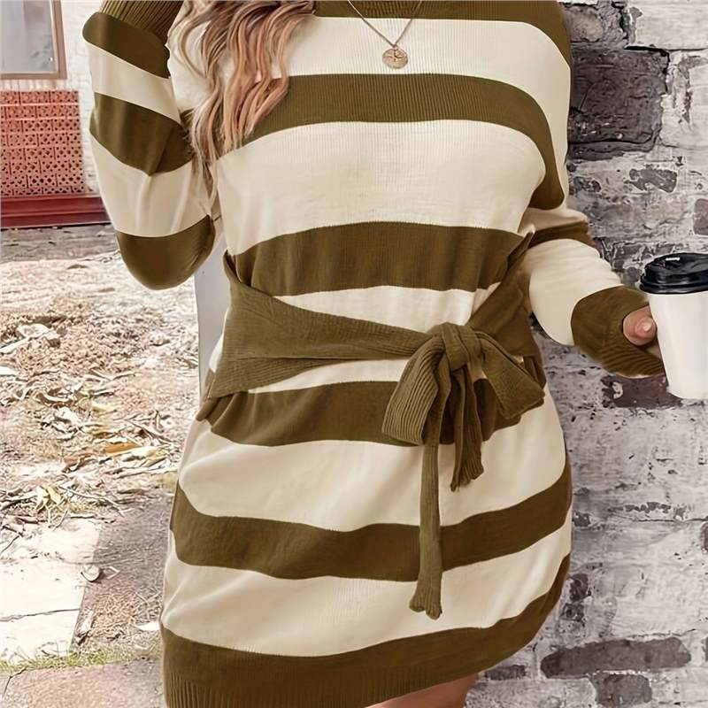 Plus Size Fashion Striped European And American Leisure Knitted Dress For Women