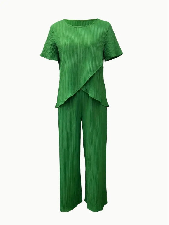 Women's Elegant Solid Colour Polyester 2pcs Set - Crew Neck Short Sleeve Top And Long Pants