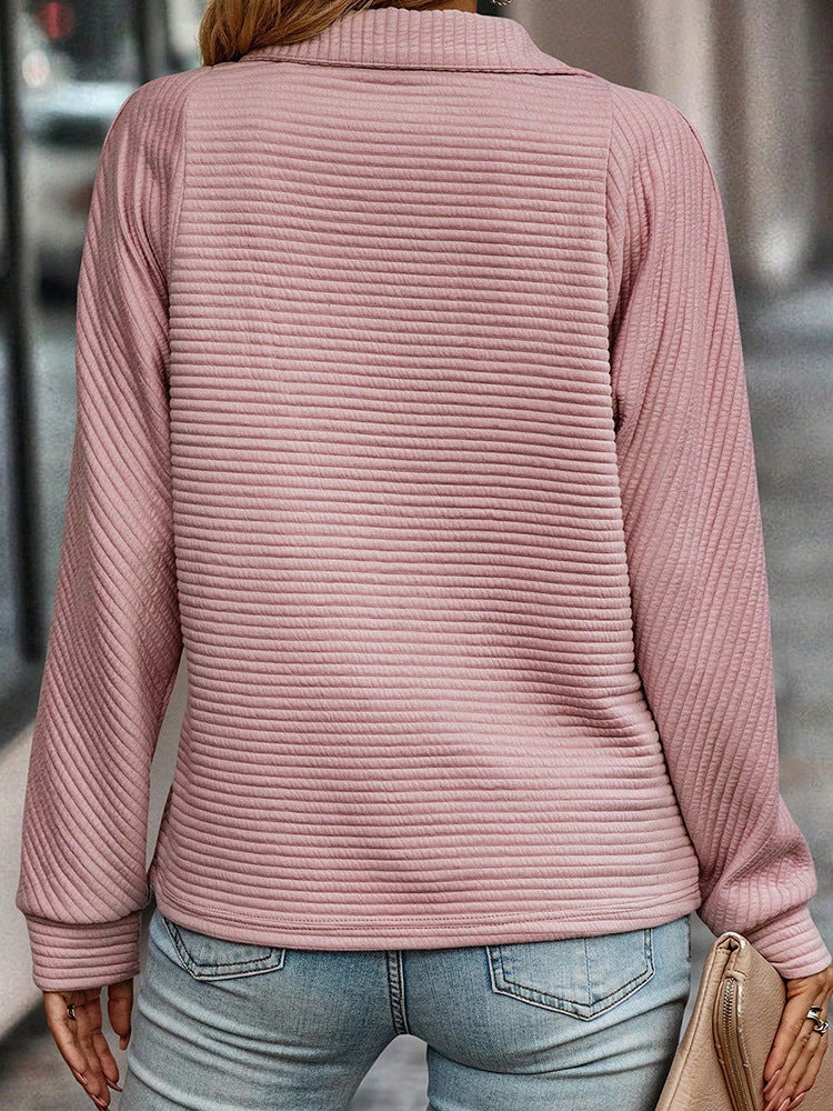 Women's Zipper Stand Collar Pullover Sweatshirt - Solid Striped Long Sleeve Top For Spring And Autumn