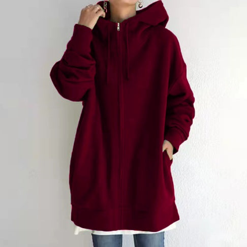 Women's Oversized Loose Hooded Coats, Autumn Tie Collar Long Sleeve Zipper Up And Velvet Long Sweatshirt Sizes S-5XL