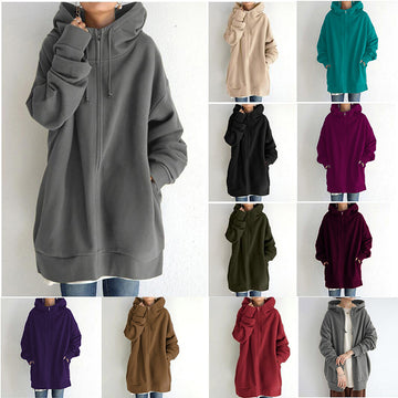 Women's Oversized Loose Hooded Coats, Autumn Tie Collar Long Sleeve Zipper Up And Velvet Long Sweatshirt Sizes S-5XL