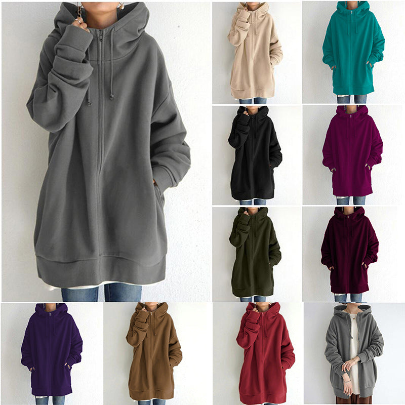 Women's Oversized Loose Hooded Coats, Autumn Tie Collar Long Sleeve Zipper Up And Velvet Long Sweatshirt Sizes S-5XL