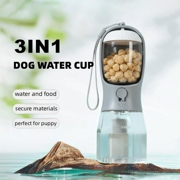 Three-In-One Portable Small Multi-functional Pet Water Bottle - With Water Drinking, Food, and Garbage Bag Compartments