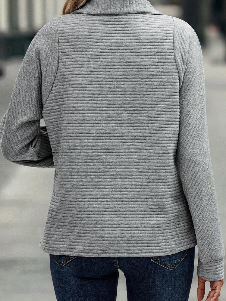 Women's Zipper Stand Collar Pullover Sweatshirt - Solid Striped Long Sleeve Top For Spring And Autumn