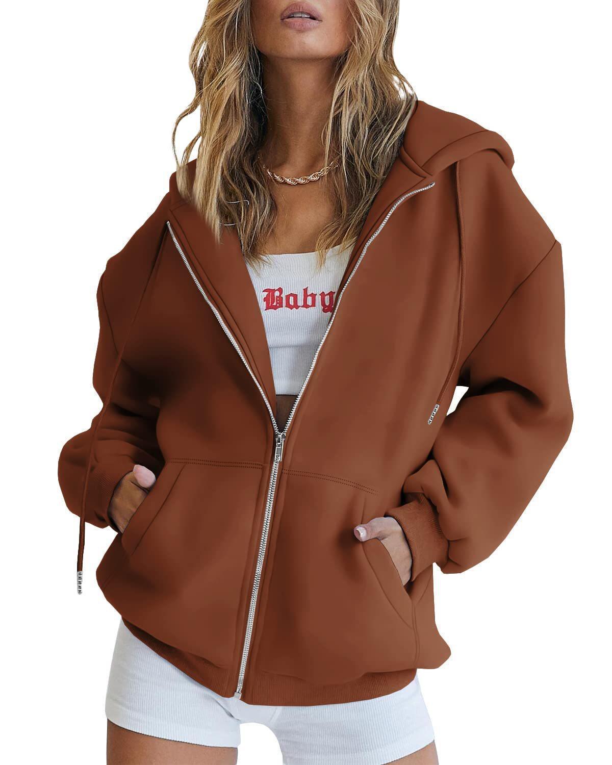 Women's Fashion Casual Solid Colour Drawstring Zipper Hooded Sweatshirt