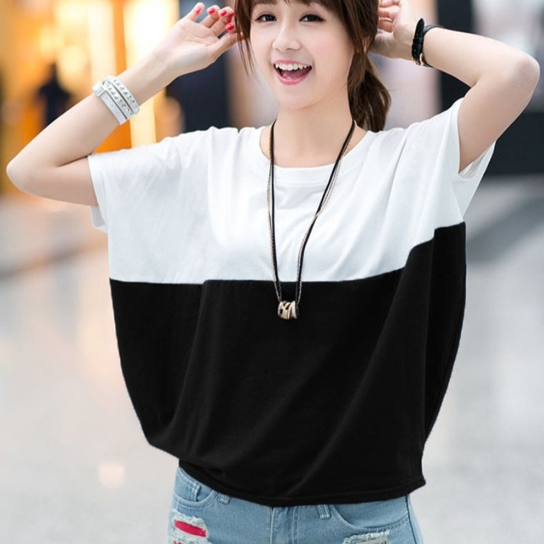 Women's Loose-Fitting Batwing Short-Sleeve Shirt Suitable For Student