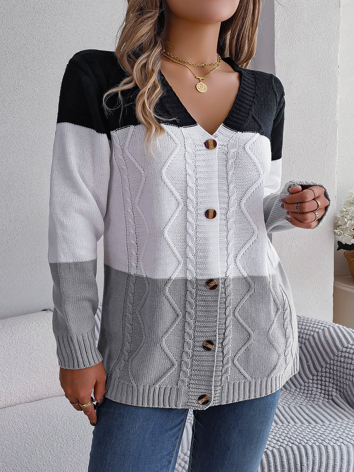 Women's Casual Contrast Colour Button Long Sleeve Sweater