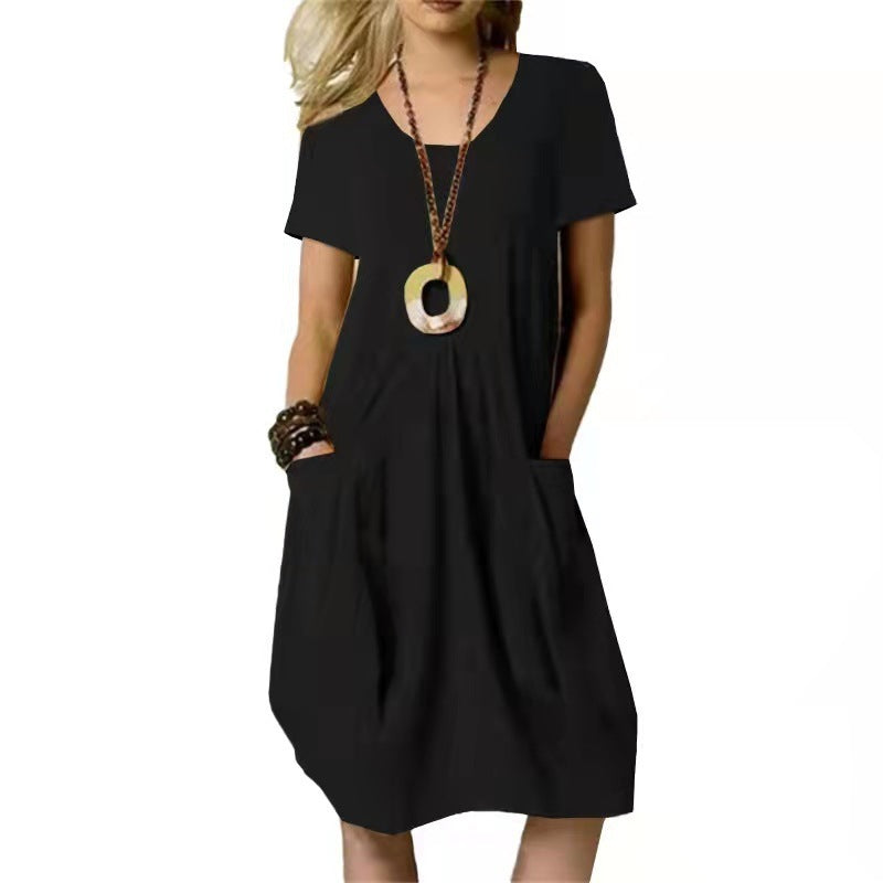 Women's Cotton And Linen Solid Colour Loose Round Neck Short Sleeve Dress