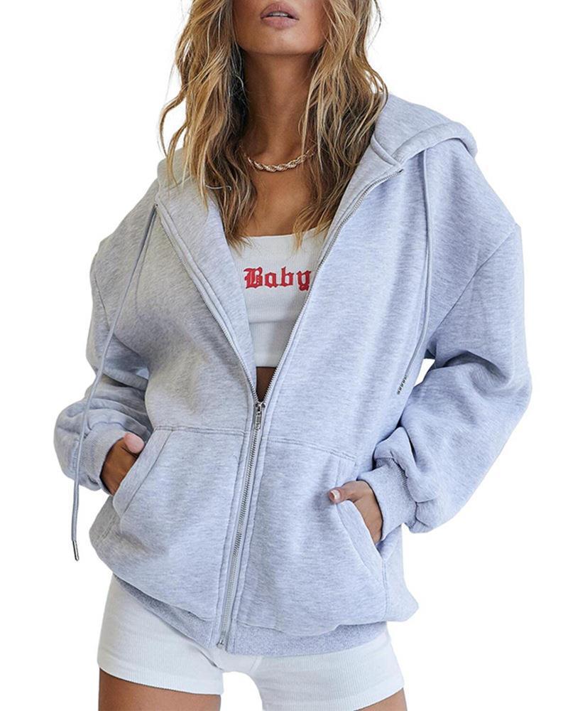 Women's Fashion Casual Solid Colour Drawstring Zipper Hooded Sweatshirt