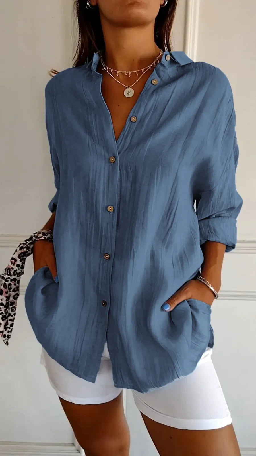 Women's Lapel Long-Sleeve Single-Breasted And Pleated Shirt
