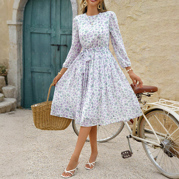 European And American Leisure Vacation Style Polka Dot Long-Sleeve Maxi Dress For Women