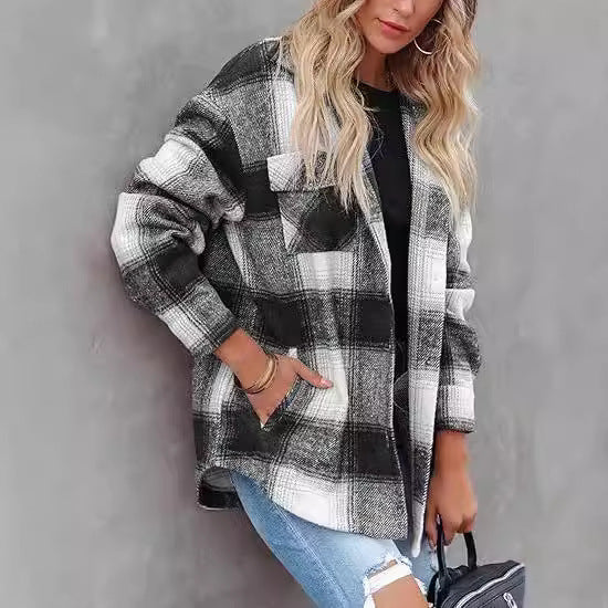 Women's Plaid Buckle Jacket Casual Fashion Long-Sleeve Coat