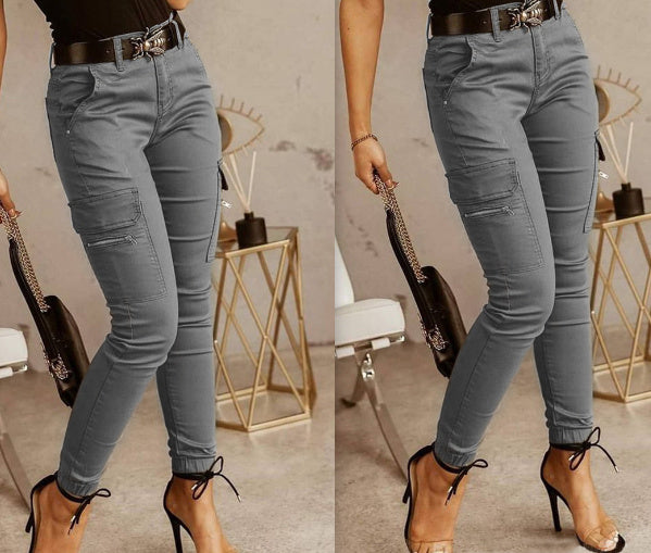 European And American Women's Trousers, Low-Waisted Buttons, Solid Colour Pockets