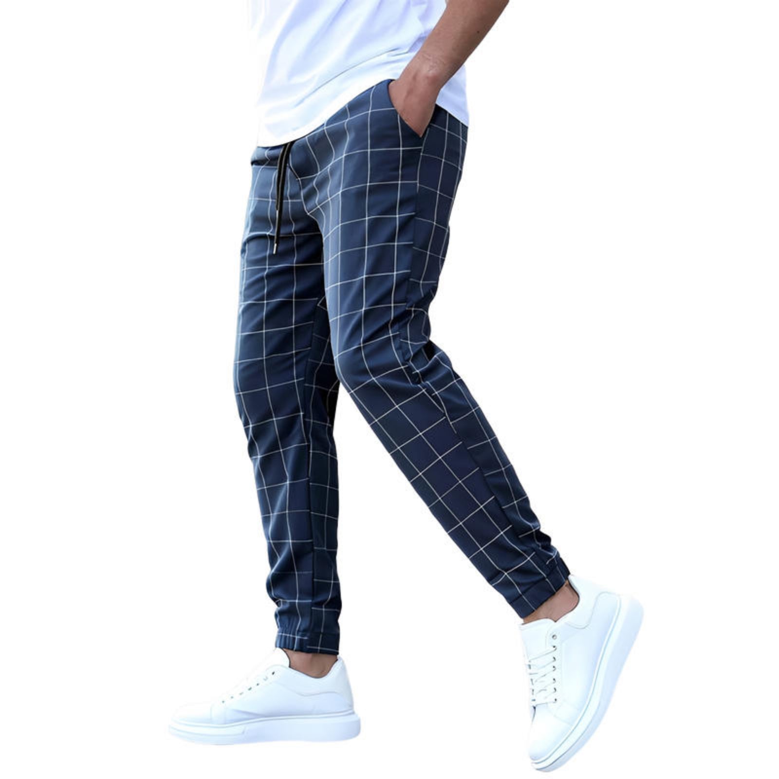 Men's Casual Drawstring Trousers - Plaid Print Pants